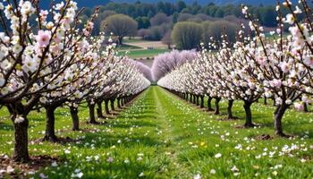 a sloped orchard where flowering trees scatter pastel petals over green grass. photo