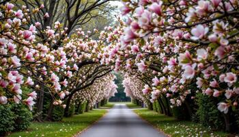 a narrow road lined with flowering dogwoods and magnolias forming a floral canopy. photo