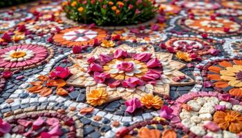 a floral mosaic garden where petals are arranged to mimic traditional tile patterns. photo