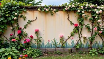 a garden wall painted by nature with climbing roses and blooming vines weaving upward. photo