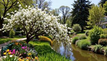a creekside garden where flowering trees lean low to kiss the water's edge. photo