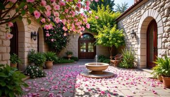 a quiet courtyard enclosed by stone walls and filled with soft, fragrant petals drifting through the air. photo