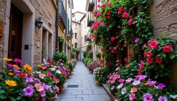 a flower lined alleyway hidden between tall buildings, bursting with colors in every crack and crevice. photo