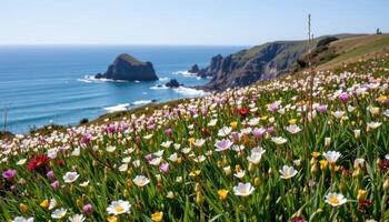 a grassy hill overlooking the ocean, blanketed in flowers that seem to dance with the sea breeze. photo