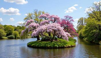 a river island where seasonal blooms fill the air with scent under a canopy of trees. photo
