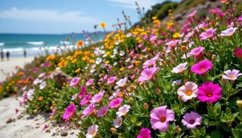 a beach garden blooming in salty air, filled with hardy coastal plants and radiant flowers. photo