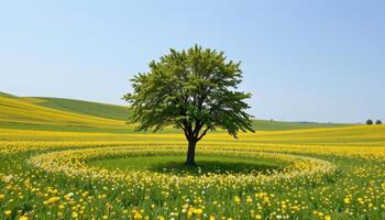 a lone tree standing in a circular field of wildflowers, surrounded by silence and soft wind. photo