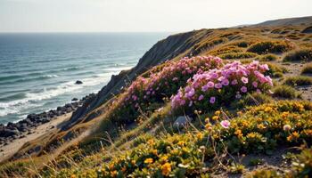 a seaside bluff where the soil bursts with flowering bushes and windswept grasses. photo