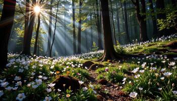 a deep glen where only slivers of light break through the trees and touch the forest flowers. photo
