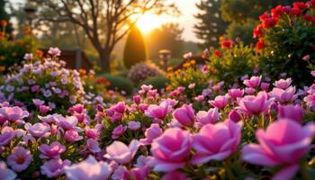 a sunrise lit garden where petals glisten with dew and fragrance fills the warming air. photo