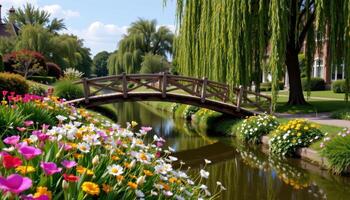 a wooden bridge crossing a flower filled canal surrounded by weeping willow trees. photo