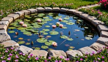 a rock bordered pond filled with lilies and surrounded by flowering ground cover. photo