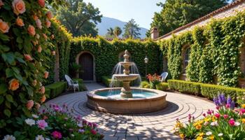 a garden courtyard centered around a fountain and framed with tall flowering hedges. photo