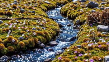 a snowmelt fed stream that winds through a patch of flowering alpine moss and tiny blossoms. photo