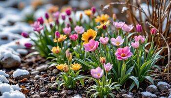 a winter garden where cold hardy blooms rise through frosted soil and early snow. photo