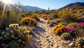 a sandy trail winding through blooming cacti and desert succulents in brilliant morning light. photo