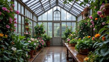 a rain kissed glasshouse where petals cling to windows and humidity fills the air. photo