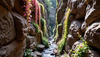 a narrow gorge where flowering vines cascade down the rock walls toward the trickling stream below. photo