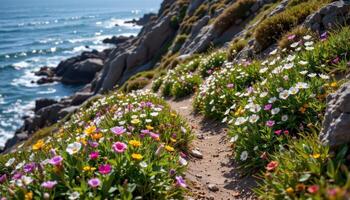 a craggy coastal trail lined with stubborn flowers that thrive in salty air and rocky soil. photo