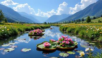 a waterway winding through a valley where flowers bloom on floating rafts and lily pads. photo