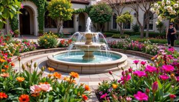 a quiet fountain plaza surrounded by blooming beds and scented blossoms. photo