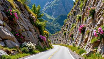 a narrow mountain road flanked by flowering bushes that cling to the cliffs. photo