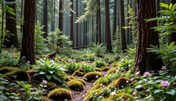 a pine forest opening where flowering ferns and mosses coat the forest floor. photo