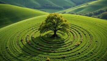 a solitary tree surrounded by concentric rings of flowering plants on a green hill. photo