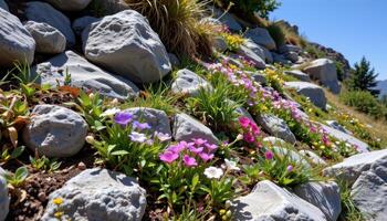 a stony hillside where tenacious blooms thrive between rocks and ledges. photo