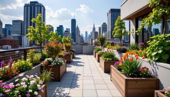 a rooftop garden where urban planters overflow with color beneath distant skyscrapers. photo