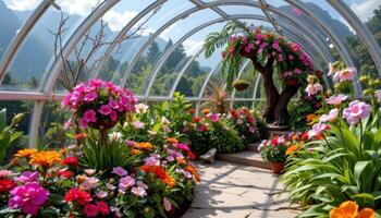 a garden dome with translucent walls encasing tropical flowers in an eternal spring. photo