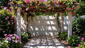 a flower covered pergola casting intricate shadows on the flagstone path below. photo