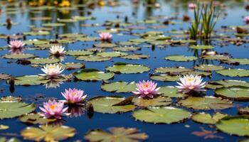 a shallow marsh where lilies and lotus flowers bloom across wide pads in still water. photo