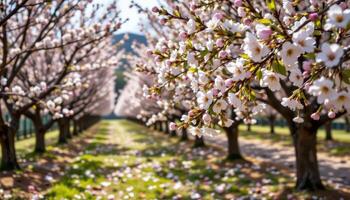 a quiet orchard at peak bloom, where petals drift like snow through dappled sunlight. photo