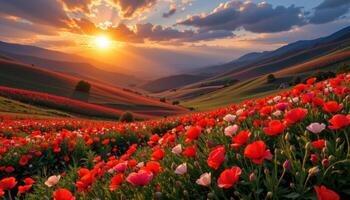 a deep valley painted with thousands of poppies glowing beneath the high sun. photo