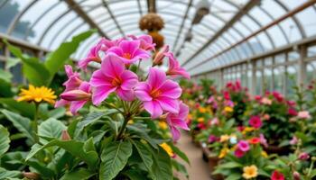 a greenhouse corridor lined with tropical blooms whose fragrance hangs thick in the warm air. photo