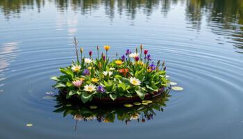 a small floating garden drifting across a calm lake, blooming with lilies and irises. photo
