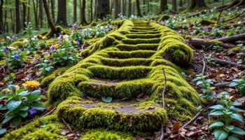 a moss covered staircase emerging from the forest floor surrounded by wildflowers. photo