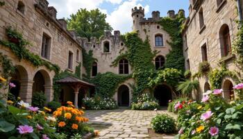 a crumbling castle courtyard reclaimed by nature, bursting with unexpected blooms. photo
