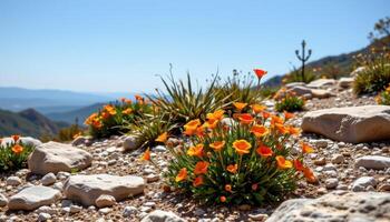 a rocky garden plateau with resilient blooms in shades of orange and red under harsh sun. photo