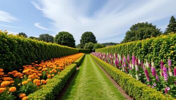 a hedge bordered garden walk lined with uniform rows of marigolds and foxgloves. photo