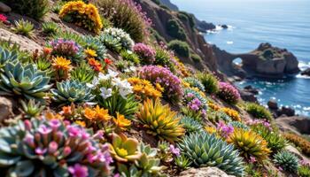 a coastal garden growing on a terraced cliff, filled with blooming succulents and sage. photo