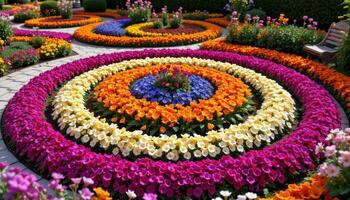 a patterned flower garden designed in swirling circles of brilliant color and symmetry. photo