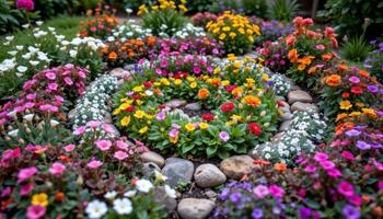 a fragrant herb and flower spiral garden combining scent, color, and texture. photo