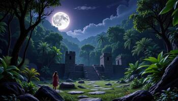soft moonlight illuminates ancient stone ruins hidden deep within a lush rainforest. photo