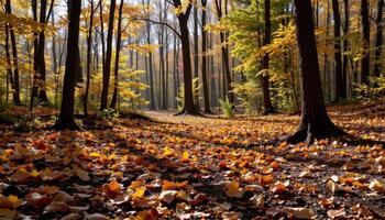 a quiet forest clearing glows with golden leaves scattered across the ground, untouched by time. photo