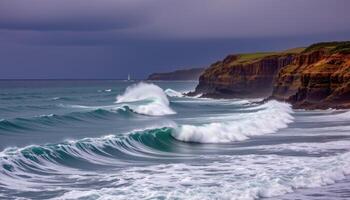 waves crash against jagged cliffs under a violet sky just after a summer storm has passed. photo