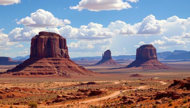 wind sculpted rock towers rise like ancient monuments in a vast desert basin. photo