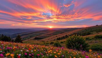 rolling hills are carpeted in vibrant wildflowers beneath a sky painted with pastel sunset hues. photo