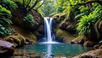 a hidden waterfall cascades down moss covered rocks into a serene jungle pool. photo